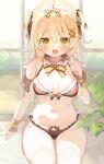  bikini blonde_hair cowboy_shot d_omm fang front-tie_bikini_top front-tie_top hair_between_eyes hair_ribbon open_mouth original ribbon sitting skin_fang sweatdrop swimsuit two_side_up yellow_eyes 