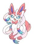  :3 animal_focus blue_sclera blush bow bowtie colored_sclera commentary_request ear_bow fang full_body happy highres looking_up no_humans open_mouth partial_commentary pink_bow pink_bowtie pokemon pokemon_(creature) ribbon simple_background sitting smile solo suzu_(pixiv_32232702) sylveon traditional_bowtie white_background white_eyes white_ribbon 