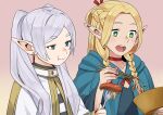  2girls :t absurdres blonde_hair blue_capelet blush bowl braid bright_pupils capelet choker chopsticks closed_mouth commentary_request crossover dungeon_meshi earrings eating elf fingernails food fork frieren gold_trim green_eyes grey_hair hair_around_ear hair_over_shoulder hair_ribbon highres holding holding_bowl holding_chopsticks holding_fork hood hooded_capelet jewelry long_hair looking_at_food low_twin_braids marcille_donato multiple_girls needle_(needlebomb) noodles open_mouth parted_bangs pink_background pointy_ears red_choker red_ribbon ribbon salmon season_connection shirt short_eyebrows side-by-side simple_background smile sousou_no_frieren species_connection striped_shirt teeth twin_braids twintails upper_body upper_teeth_only white_capelet white_pupils 