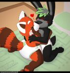 &lt;3 ailurid anthro bed black_body black_fur blush clothed clothing cuddling diaper diaper_only duo embrace eyes_closed female fur furniture hi_res hug kissing kneeling lagomorph leporid male male/female mammal rabbit red_panda romantic romantic_couple shadyadi smile topless