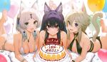  3girls 95--- :d absurdres animal animal_ear_fluff ass balloon bare_shoulders barefoot bikini black_bikini black_hair bracelet breasts cake character_request cleavage confetti delta_(kage_no_jitsuryokusha_ni_naritakute!) facial_mark fangs food hair_ornament highres jewelry kage_no_jitsuryokusha_ni_naritakute! long_hair lying multiple_girls on_stomach purple_eyes purple_hair smile swimsuit tail white_hair 