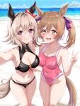  2girls animal_ears bikini breasts brown_hair cleavage closed_mouth collarbone commentary_request competition_swimsuit covered_navel curren_chan_(umamusume) grey_hair groin hair_ornament highres horse_ears horse_girl horse_tail looking_at_viewer medium_breasts medium_hair multiple_girls ocean one-piece_swimsuit selfie smart_falcon_(umamusume) swimsuit tail tsukiyuki_mike umamusume v 