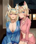  2girls absurdres animal_ears blonde_hair blue_eyes blue_hair breasts buttons cleavage collarbone fake_horns fang fox_ears fuwawa_abyssgard hair_ornament highres hololive horns large_breasts looking_at_viewer meme mococo_abyssgard multicolored_hair multiple_girls navel open_mouth photo-referenced pink_eyes pink_hair satou_rin_(gobugabuge) shirt siblings sisters skirt small_breasts two-tone_hair 