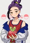  1boy applin black_hair blush closed_mouth gloves highres holding holding_pokemon jacket kieran_(pokemon) long_sleeves looking_at_viewer male_focus mole mole_on_neck multicolored_hair off_shoulder open_clothes open_jacket pokemon pokemon_(creature) pokemon_sv purple_hair red_gloves red_tank_top simple_background single_glove suy_(meuuiu) tank_top upper_body white_jacket yellow_eyes 