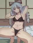  1girl absurdres armpits arms_up bed black_bra black_panties bow bow_bra bra breasts closed_mouth collarbone commentary_request expressionless fujiwara_no_mokou futon grey_hair hair_bow hands_in_own_hair highres indoors long_hair looking_at_viewer low-tied_long_hair medium_breasts morikawa_(morikawa-no2) multiple_hair_bows navel panties red_eyes ribs shiny_skin shouji sliding_doors solo squatting sweat tiptoes touhou underwear underwear_only white_bow 