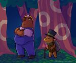 2023 animal_crossing anthro armor bodily_fluids bow_tie clothing detailed_background duo eulipotyphlan eyes_closed hard_hat hat headgear headwear helmet hi_res male mammal marimosgoldfish mole_(animal) mr._resetti nintendo outside overalls overweight overweight_male reptile scalie shirt sweat topwear tortimer_(animal_crossing) turtle