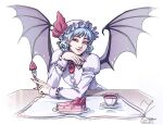  1girl bat_wings blue_hair breasts brooch cake cake_slice closed_mouth collared_shirt cup fingernails food fork frilled_sleeves frills fruit hat head_tilt holding holding_fork invisiblepie_(kalinel) jewelry juliet_sleeves light_smile long_sleeves looking_at_viewer medium_hair mob_cap nail_polish pink_headwear pink_shirt plate pointy_ears puffy_sleeves red_brooch red_eyes red_nails remilia_scarlet saucer sharp_fingernails shirt simple_background small_breasts solo strawberry table tablecloth teacup touhou upper_body white_background wings 