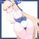  1girl anal anal_tail animal_ears ass ass_focus blonde_hair blue_archive blue_bow blue_eyes blue_hairband blue_leotard blush bow braid commentary_request detached_collar earpiece earrings embarrassed fake_animal_ears fake_tail hairband halo headset highleg highleg_leotard jewelry leotard long_hair official_alternate_costume playboy_bunny rabbit_ears rabbit_tail solo stonewill strapless strapless_leotard stud_earrings sweat tail thigh_gap thighhighs toki_(blue_archive) toki_(bunny)_(blue_archive) two-tone_background v very_long_hair white_background white_thighhighs white_wrist_cuffs wrist_cuffs 