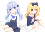  2girls aria_(utsumire) arm_at_side black_bow black_dress blonde_hair blue_bow blue_eyes blue_hair blush bow closed_mouth commentary crossed_bangs dress eyes_visible_through_hair feet_out_of_frame fingernails flower frilled_dress frills hair_between_eyes hair_bow hair_flower hair_ornament hand_up hands_on_own_knees head_tilt kneehighs knees_together_feet_apart long_hair long_sleeves looking_at_viewer multiple_girls neck_ribbon no_shoes original red_eyes red_ribbon ribbon sailor_collar shirt simple_background sitting sleeveless sleeveless_dress smile socks utsunomiya_tsumire white_background white_dress white_flower white_sailor_collar white_shirt white_socks yokozuwari yuki_(utsumire) 
