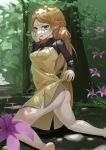  1girl absurdres ass bare_legs barefoot blush braid breasts clothes_lift dress dress_lift elf embarrassed feet_out_of_frame flower green_eyes hair_between_eyes hair_ornament hand_on_own_face highres isekai_ojisan kneeling lifted_by_self long_hair long_sleeves looking_at_viewer medium_breasts no_panties open_mouth orange_hair outdoors parted_bangs pointy_ears purple_flower short_dress shuijiaojun solo sui_(isekai_ojisan) tree turtleneck very_long_hair yellow_dress 