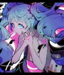  1girl bare_shoulders black_skirt blood blood_on_hands blue_eyes blue_hair blue_necktie collared_shirt cowboy_shot curly_hair dutch_angle from_side ghost_rule_(vocaloid) glowing glowing_eyes hands_on_own_chest hatsune_miku highres inu_totemo letterboxed long_hair looking_at_viewer necktie open_mouth own_hands_together pink_blood pleated_skirt shirt short_bangs sidelocks skirt sleeveless sleeveless_shirt solo translation_request twintails very_long_hair vocaloid white_shirt 