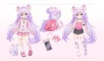  1girl absurdres animal_ear_fluff animal_ears animal_hands backpack bag bandaid bandaid_on_thigh black_shorts bow brown_eyes camisole cellphone chinchilla_(animal) chinchilla_ears chinchilla_girl chinchilla_tail full_body gloves hair_bow hairband highres lolita_hairband long_hair miniskirt mogura2009 multiple_views open_mouth original paw_gloves phone pink_camisole pink_footwear pink_shirt pink_skirt pink_thighhighs purple_hair randoseru ribbon shirt shoes short_shorts shorts skirt smartphone smile standing strap_slip striped striped_thighhighs tail thighhighs twintails white_gloves 