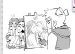  1boy 2girls art_program_in_frame blush closed_eyes commentary_request drawing drawing_(object) greyscale hood hood_down kiss korean_commentary looking_at_another monochrome multiple_girls open_mouth ramona_flowers roxanne_richter ryaa1234 scott_pilgrim scott_pilgrim_(series) scott_pilgrim_takes_off shirt short_hair short_sleeves shorts simple_background sitting smile stool white_background yuri 