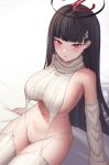  1girl blue_archive blush breasts dudunia highres large_breasts looking_at_viewer meme_attire panties red_eyes rio_(blue_archive) string_panties thighs underwear virgin_killer_sweater 