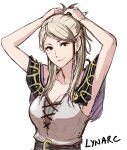  1girl alternate_hairstyle armpits arms_up black_eyes breasts cleavage cm_lynarc dress fire_emblem fire_emblem_awakening grey_hair highres long_hair looking_at_viewer medium_breasts off-shoulder_dress off_shoulder robin_(female)_(fire_emblem) robin_(fire_emblem) simple_background smile solo upper_body white_background 