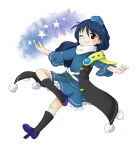  1girl black_socks blue_dress blue_hair blue_headwear dark_blue_hair dress flat_chest frilled_dress frills geta hair_between_eyes hat iizunamaru_megumu kneehighs leg_up nonamejd official_style one_eye_closed outstretched_arms purple_footwear scarf smile socks solo spread_arms star_(symbol) tengu-geta tokin_hat touhou white_scarf zun_(style) 