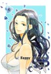  1girl black_hair blue_background blue_eyes blue_flower blue_hair border breasts cleavage commentary_request dated dress eyelashes flower hanakotoba28 happy_birthday highres long_hair looking_to_the_side nico_robin one_piece sidelocks smile solo upper_body white_border white_dress 
