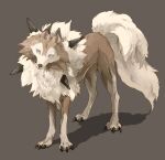  blue_eyes brown_background dog from_above full_body head_tilt looking_at_viewer lycanroc lycanroc_(midday) no_humans nyala_(nyala_766) pokemon pokemon_(creature) shadow simple_background solo standing 