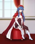  1girl absurdres alternate_costume black_pantyhose blue_eyes blue_hair blurry blurry_background boots breasts cape chair dress elbow_gloves fire_emblem fire_emblem:_the_binding_blade full_body gloves hair_between_eyes hat hazuki_(nyorosuke) highres indoors jewelry lilina_(fire_emblem) lilina_(firelight_leader)_(fire_emblem) long_hair medium_breasts official_alternate_costume on_chair pantyhose parted_lips red_cape red_headwear sitting solo white_dress white_footwear white_gloves window 