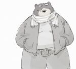 2024 anthro bear belly blush bottomwear clothing hi_res kemono male mammal overweight overweight_male pants pommn_mn scarf shirt solo sweater topwear