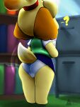2023 aerosin animal_crossing bottomwear butt camel_toe canid canine canis clothed clothing domestic_dog female file_cabinet hi_res inside isabelle_(animal_crossing) mammal nintendo question_mark shorts skirt solo standing upskirt