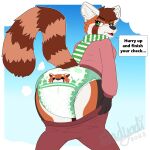 ailurid annoyed anthro blush bottomwear butt clothing dialogue diaper diaper_check diaper_puff embarrassed english_text female hi_res looking_back mammal pants presenting presenting_diaper presenting_hindquarters pulling_down_pants red_panda scarf shadyadi solo sweater talking_to_viewer text topwear