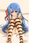  blue_hair blush censored fct long_hair no_panties red_eyes rocbouquet_(saga) romancing_saga romancing_saga_2 saga sitting solo striped striped_legwear thighhighs 