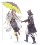  1girl 1other :d ^_^ ambiguous_gender arknights artist_name black_choker black_coat black_dress black_footwear black_gloves black_umbrella boots choker closed_eyes coat dated doctor_(arknights) dress elf full_body gloves green_umbrella holding holding_hands holding_umbrella hood hood_up hooded_coat infection_monitor_(arknights) lab_coat laurel_crown laurels light_brown_hair long_hair mole mole_under_eye muelsyse_(arknights) oisyox72 open_clothes open_coat pointy_ears signature smile two-tone_umbrella umbrella white_background white_coat 