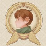  1boy border brown_eyes brown_hair chilchuck_tims closed_mouth coin commentary dungeon_meshi english_commentary from_side green_scarf halfling highres insect_wings jinaxxo looking_ahead male_focus ornate_border portrait profile scarf short_hair solo wings 