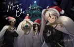  1girl 2023 3boys ahoge black_gloves black_jacket cape closed_eyes crossed_arms esther_(project_moon) gauntlets gloria_(project_moon) gloves hands_up hat highres hubert_(project_moon) jacket library_of_ruina long_hair long_sleeves merry_christmas moribe_denkou multicolored_hair multiple_boys parted_lips project_moon robot santa_hat side_ponytail streaked_hair very_long_hair white_cape white_hair yan_vismok 