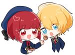  1boy 1girl anamnesis123 arima_kana beret blonde_hair blue_eyes blue_headwear blue_vest bob_cut chibi commission food hat hat_ribbon hoshino_aquamarine inverted_bob open_mouth oshi_no_ko red_eyes red_hair ribbon school_uniform short_hair simple_background smile takoyaki upper_body vest white_background youtou_high_school_uniform 