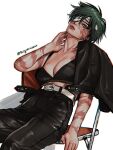  1girl arm_at_side artist_name bandage_over_one_eye belt black_bra black_jacket black_pants bra breasts burn_scar chair closed_mouth collarbone cowboy_shot folding_chair from_side green_hair half-closed_eyes hand_up head_tilt highres jacket jacket_on_shoulders jujutsu_kaisen leaning_back looking_at_viewer one_eye_covered pants round_eyewear scar scar_on_arm scar_on_face short_hair simple_background sitting solo underwear white_background yellow_eyes zen&#039;in_maki zu_yuan_cesar 