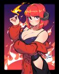  1girl 333_(dqqqdle) bare_shoulders blush breasts character_request cleavage copyright_request fire goat_horns highres horns japanese_clothes large_breasts pyrokinesis red_eyes red_hair short_hair solo 
