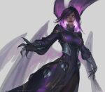  1girl absurdres artist_name dress english_commentary glowing glowing_eyes grey_background hair_between_eyes highres league_of_legends long_hair looking_at_viewer morgana_(league_of_legends) multiple_wings official_alternate_costume parted_lips purple_dress purple_eyes purple_hair purple_wings serious sidelocks simple_background solo standing sumadezs wings 