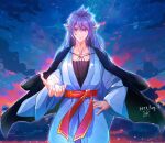  1boy azudra_(helck) beckoning black_coat blue_robe cloud coat coat_on_shoulders cowboy_shot dated hand_on_own_hip helck long_hair male_focus outstretched_arm pointy_ears purple_eyes purple_hair reaching reaching_towards_viewer robe sash sky smile solo straight-on yuzuka-53 