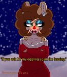 annoyed_expression anthro bedroom_eyes big_breasts breasts christmas christmas_clothing chubby_female cleavage clothed clothing crossed_arms darline_(honibnuuy) deer female glowing hi_res holidays honibnuuy mammal narrowed_eyes outside seductive slightly_chubby snow snowing solo wide_hips