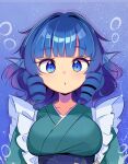  1girl blue_background blue_dress blue_eyes blue_hair breasts dress harakune_(mugennero) highres long_hair long_sleeves looking_at_viewer solo touhou wakasagihime 