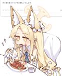  1girl animal_ear_fluff animal_ears ascot bare_shoulders blonde_hair blue_archive blue_ascot detached_sleeves dress eating extra_ears food food_on_face fork fox_ears fox_girl holding holding_fork long_hair long_sleeves n4gare_b0shi orange_eyes pasta request_inset seia_(blue_archive) sleeves_past_fingers sleeves_past_wrists solo spaghetti stained_clothes translation_request white_dress 