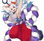  1girl armpits breasts club_(weapon) crazy_otama curled_horns earrings green_hair hair_ornament hair_stick hakama hakama_pants highres hoop_earrings horns japanese_clothes jewelry kimono large_breasts long_hair multicolored_hair multicolored_horns one_piece oni open_mouth orange_eyes orange_horns pants red_horns rope shimenawa sleeveless sleeveless_kimono solo spiked_club thick_thighs thighs weapon white_hair yamato_(one_piece) yellow_horns 