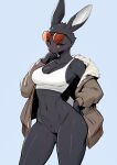 anthro baddelz black_body black_fur bottomless breasts cleavage clothed clothing coat crop_top eyewear eyewear_on_head female front_view fur genitals hi_res lagomorph leporid long_ears mammal partially_clothed pussy rabbit shirt simple_background solo standing sunglasses sunglasses_on_head topwear