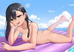  absurdres ass asymmetrical_bangs black_hair breasts brown_eyes cloud collarbone completely_nude earclip fang hair_ornament hairclip hand_on_own_cheek hand_on_own_face head_rest highres ijiranaide_nagatoro-san inflatable_raft long_hair looking_at_viewer lying medium_breasts nagatoro_hayase nipples nude on_stomach outdoors shuijiaojun skin_fang sky tan 