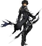  1boy artist_request black_coat black_footwear black_gloves black_hair black_pants black_theme boots buckle coat elsword eyepatch full_body gloves highres holding holding_sword holding_weapon knee_boots looking_at_viewer looking_back male_focus mutant_reaper_(elsword) official_art pants raven_cronwell reverse_grip scar scar_on_face solo standing standing_on_one_leg sword transparent_background weapon yellow_eyes 