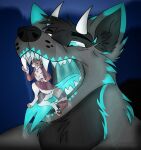 anthro aroused bodily_fluids canid canine fangs female fluffyflipper02 hi_res kqtsumii male male/female mammal maned_wolf open_mouth oral_vore procyonid raccoon saliva soft_vore teeth throat tongue vore