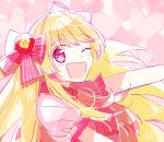  1girl ;d blonde_hair blush chaos_marie_(grimms_notes) gradient_hair grimms_notes hair_ribbon heart heart-shaped_pupils long_hair looking_to_the_side multicolored_hair one_eye_closed open_mouth outstretched_arms pink_background pink_eyes puffy_short_sleeves puffy_sleeves ribbon short_sleeves smile solo symbol-shaped_pupils uma_(mifo) 