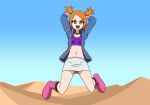  1girl :d arms_up blue_eyes blue_jacket blue_sky choker commission cropped_shirt desert full_body highres jacket long_sleeves midriff mori_hayaki navel open_clothes open_jacket open_mouth orange_hair pink_footwear pixiv_commission pokemon pokemon_colosseum purple_shirt rui_(pokemon) shirt short_hair skirt sky smile solo teeth twintails upper_teeth_only white_skirt 