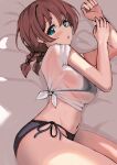  1girl :o absurdres bed_sheet bikini bikini_under_clothes black_bikini black_bikini_bottom blue_eyes blush bra_visible_through_clothes braid breasts brown_hair commentary_request crop_top emma_verde evildaddy12 freckles hair_between_eyes highres large_breasts looking_at_viewer love_live! love_live!_nijigasaki_high_school_idol_club low_twin_braids low_twintails lying navel on_bed on_side open_mouth see-through see-through_shirt shirt short_sleeves sideboob solo stomach string_bikini swimsuit tied_shirt twin_braids twintails wet wet_clothes wet_shirt white_shirt 