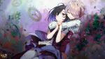  2girls benghuai_xueyuan black_hair blood blue_eyes closed_mouth copyright_name highres honkai_(series) hug multicolored_hair multiple_girls official_art pink_hair purple_hair second-party_source seele_vollerei sin_mal smile torn_clothes 