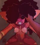 anthro areye_(artist) black_eyes breasts dialogue ear_piercing ear_ring first_person_view genitals gynomorph hair hair_over_eye hi_res intersex intersex/male male nipple_piercing nipples one_eye_obstructed penis piercing red_body red_scales ring_piercing scales scalie