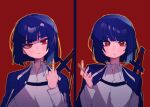  1girl black_hair closed_mouth collared_shirt empty_eyes hand_up limbus_company middle_finger multiple_views pmchell_04 project_moon red_background red_eyes ryoshu_(project_moon) shirt short_hair simple_background white_shirt 