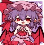  1girl :3 argyle argyle_background bat_wings black_wings blue_hair blush chest_jewel collared_shirt diamond_(shape) fang fang_out fangs fangs_out frilled_hat frilled_shirt frilled_shirt_collar frilled_skirt frilled_sleeves frills gem hair_between_eyes hands_up hat hat_ornament hat_ribbon heart highres jewelry long_skirt medium_hair mob_cap neckerchief pink_headwear pink_skirt pointy_ears puffy_short_sleeves puffy_sleeves purple_background red_eyes red_gemstone red_neckerchief red_ribbon remilia_scarlet ribbon shirt short_sleeves simple_background skirt slit_pupils smile touhou vampire white_background wings zunusama 